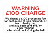 P152 WARNING £100 CHARGE No Cold Callers Funny Plastic PVC Plaque Sign Car