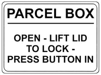 2242 PARCEL BOX Open Lift Lid To Lock Press Button In Metal Aluminium Plaque Sign