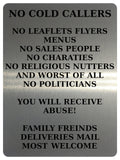 2181 No Cold Callers Sales People Flyers Menus Metal Aluminium Plaque Sign