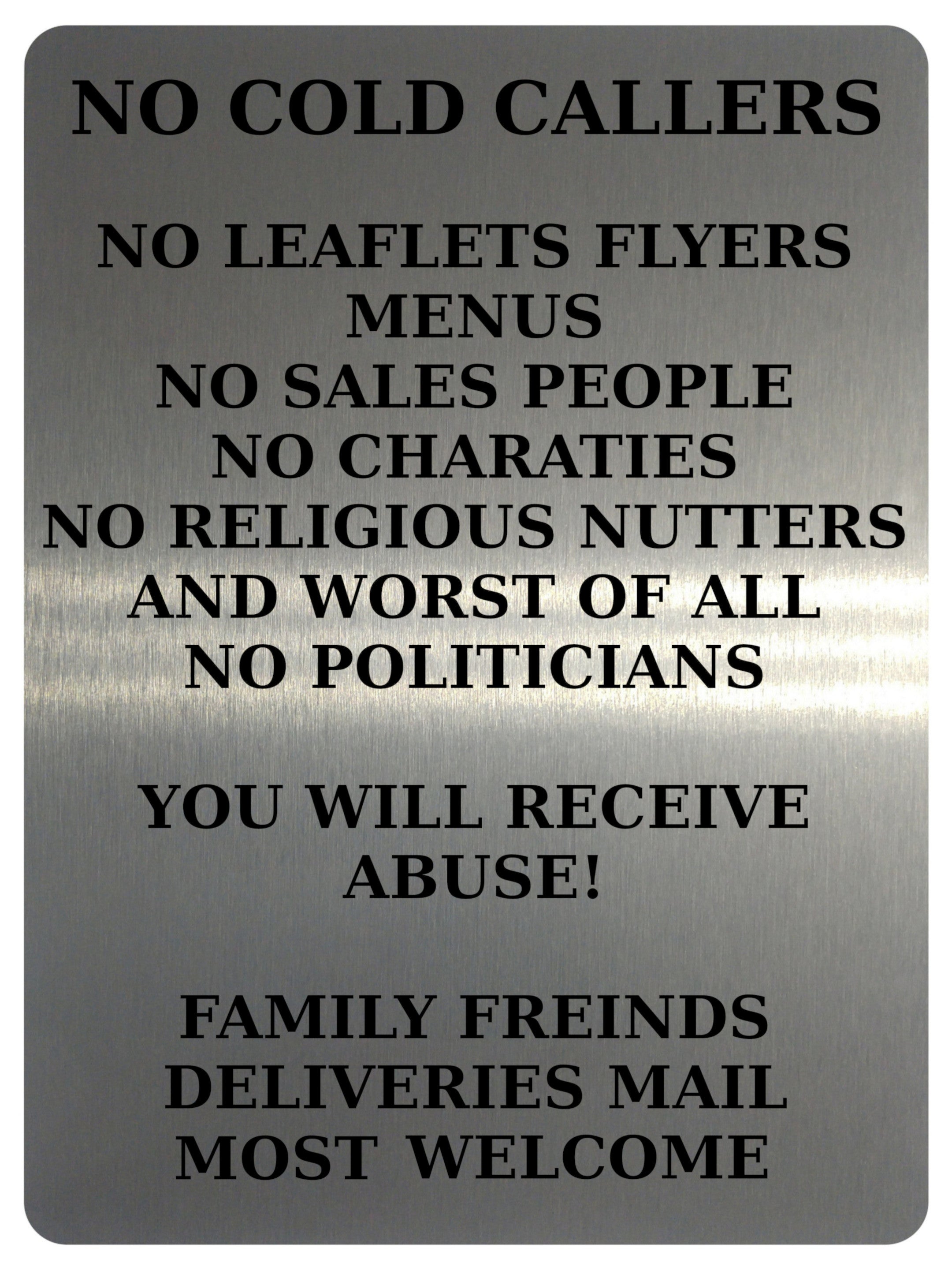 2181 No Cold Callers Sales People Flyers Menus Metal Aluminium Plaque Sign