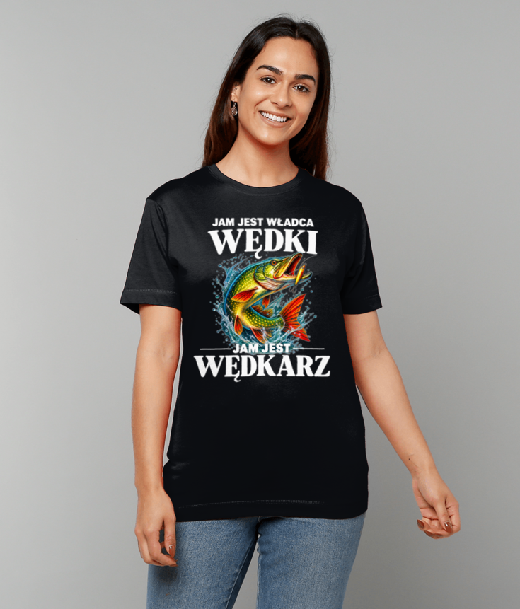 384 JAM JEST WŁADCA WĘDKI Wedkarz Funny Polish T-shirt Tee