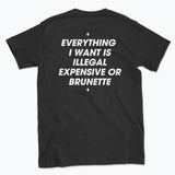 044 ILLEGAL, EXPENSIVE OR BRUNETTE Funny T-shirt Tee Back Printing
