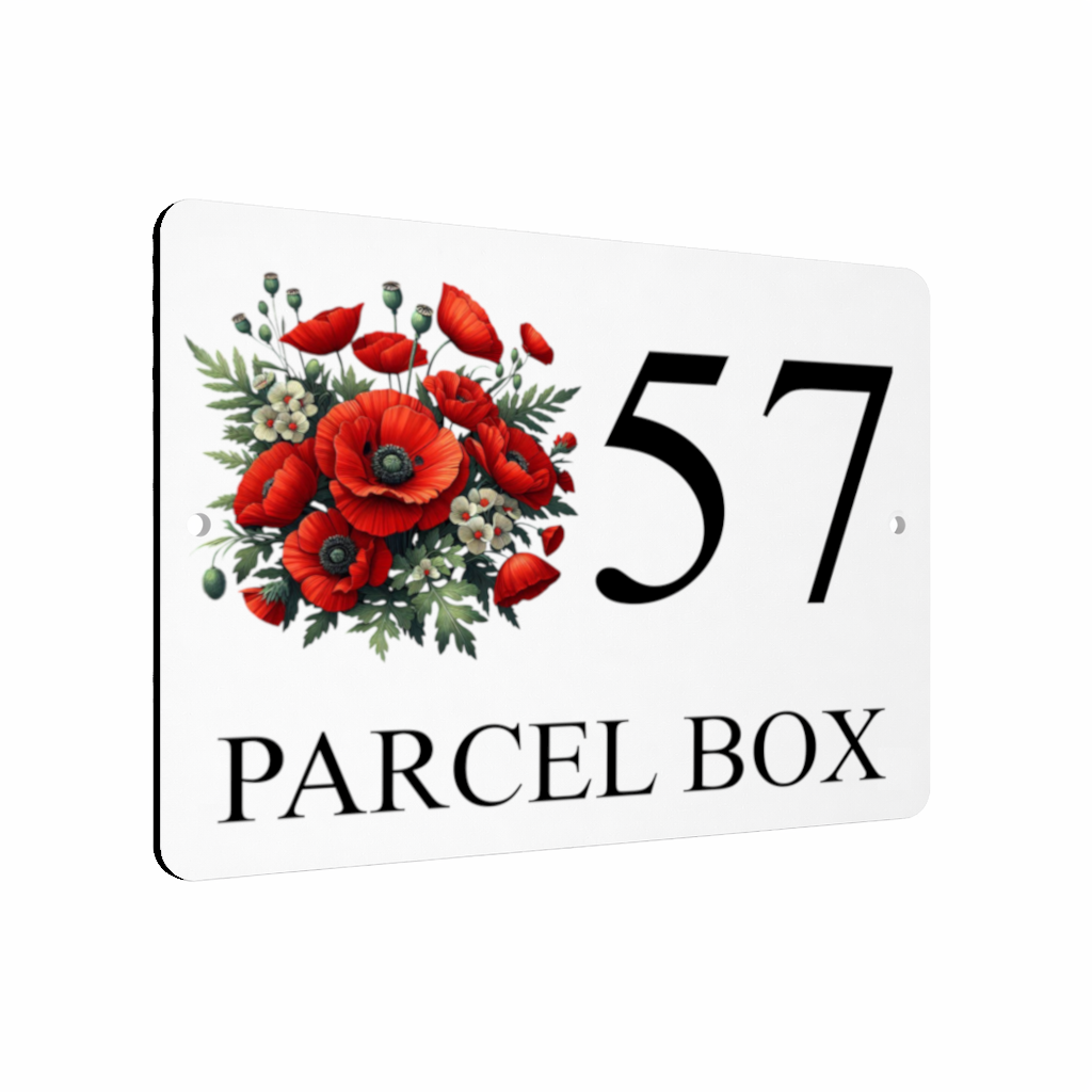 B165 Custom Personalised PARCEL BOX Poppy Metal Aluminium Plaque Sign Door House