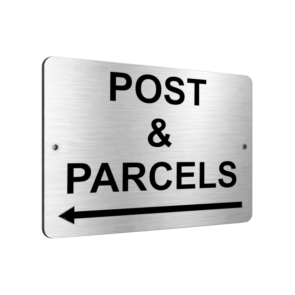 B158 POST & PARCELS Arrow Left Metal Aluminium Plaque Sign House Office