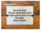 M063 No Junk Mail. Leave Deliveries Inside Porch Aluminium Acrylic Plaque Sign