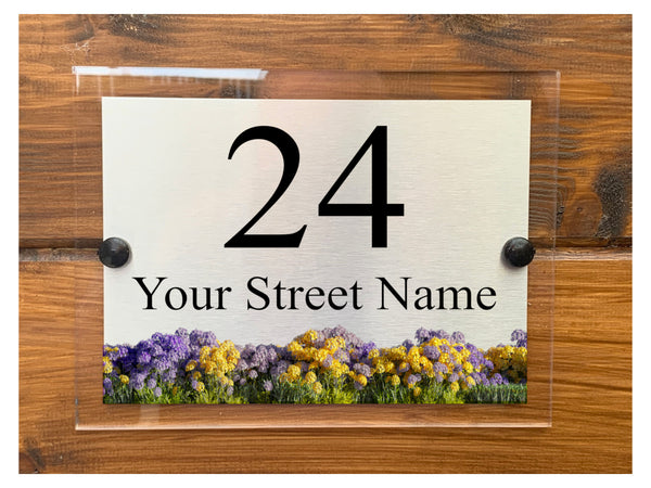 M049 Custom Personalised Address Modern Acrylic Aluminium Sign Plaque Flowers