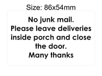 P198 No Junk Mail. Leave Deliveries Inside Porch Plastic PVC Plaque Sign Card