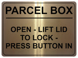 2242 PARCEL BOX Open Lift Lid To Lock Press Button In Metal Aluminium Plaque Sign