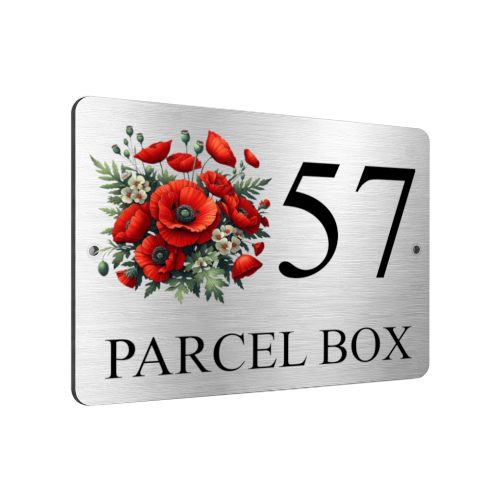 B165 Custom Personalised PARCEL BOX Poppy Metal Aluminium Plaque Sign Door House