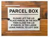 M082 PARCEL BOX Too Large Leave Parcel Left Metal Aluminium Acrylic Plaque Sign