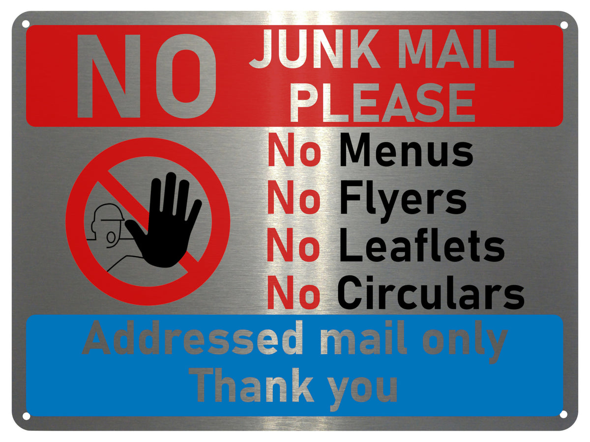 UV077 NO JUNK MAIL Metal Aluminium Plaque Sign Door House Office A4