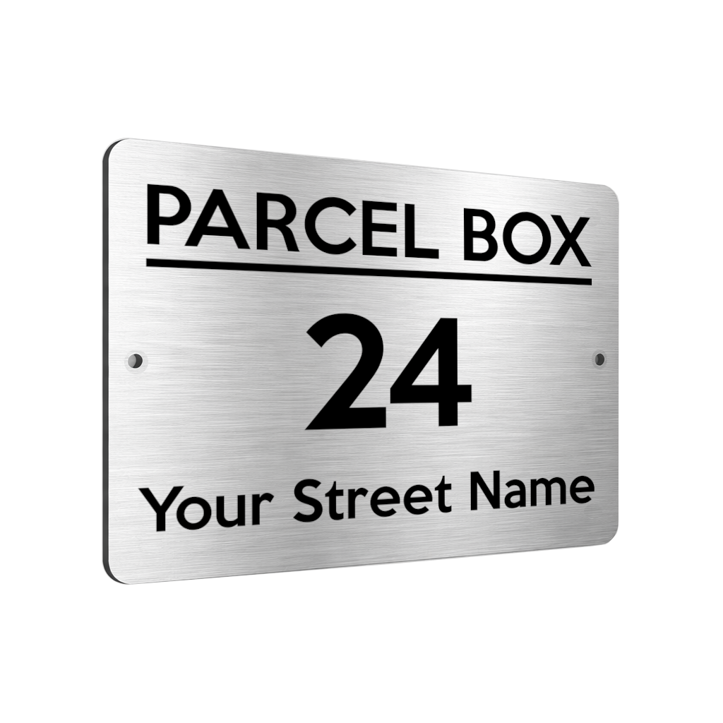 B098 Custom Personalised PARCEL BOX Metal Aluminium Plaque Sign Door House Offic