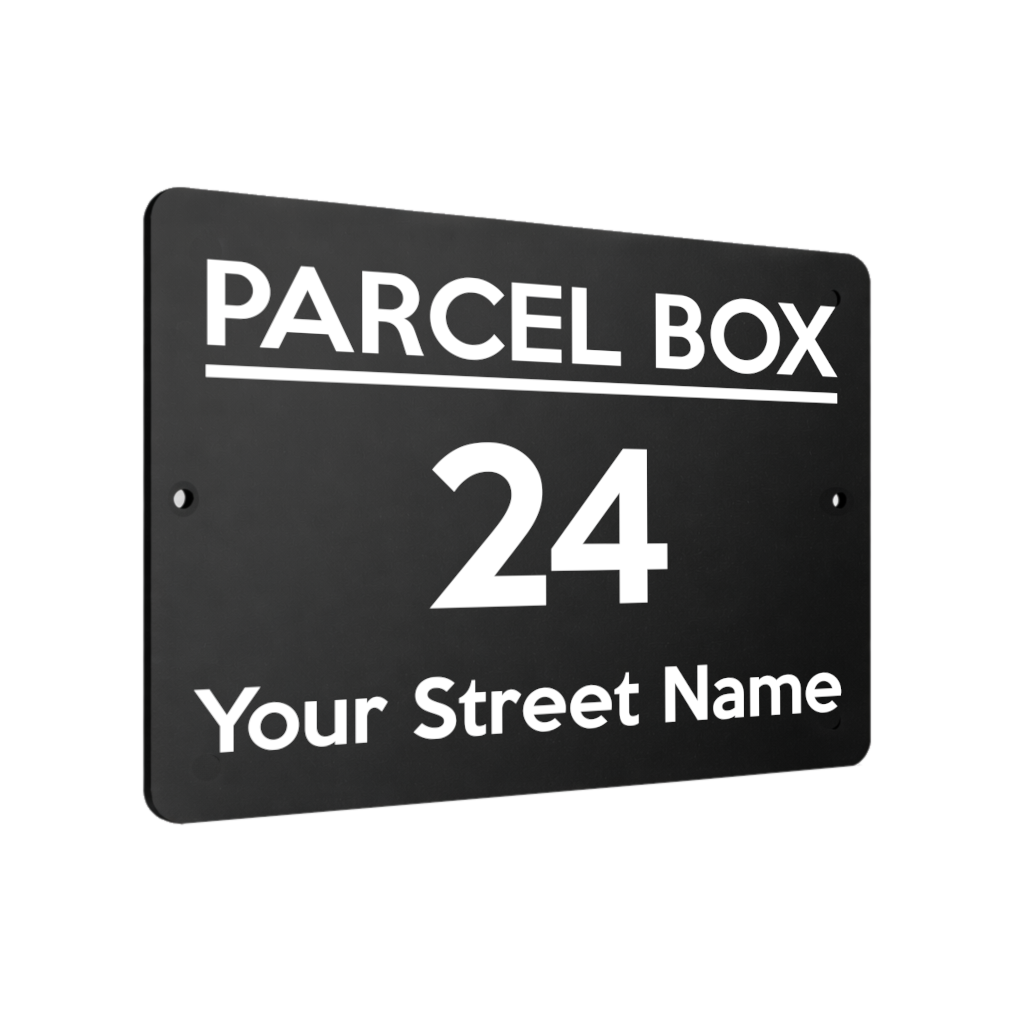 B098 Custom Personalised PARCEL BOX Metal Aluminium Plaque Sign Door House Offic
