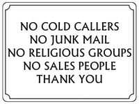 UV111 NO COLD CALLERS NO JUNK MAIL Metal Aluminium Plaque Sign Door A4 Size