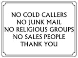 UV111 NO COLD CALLERS NO JUNK MAIL Metal Aluminium Plaque Sign Door A4 Size