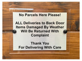 M061 No Parcels Here All Deliveries to Back Door Aluminium Acrylic Plaque Sign