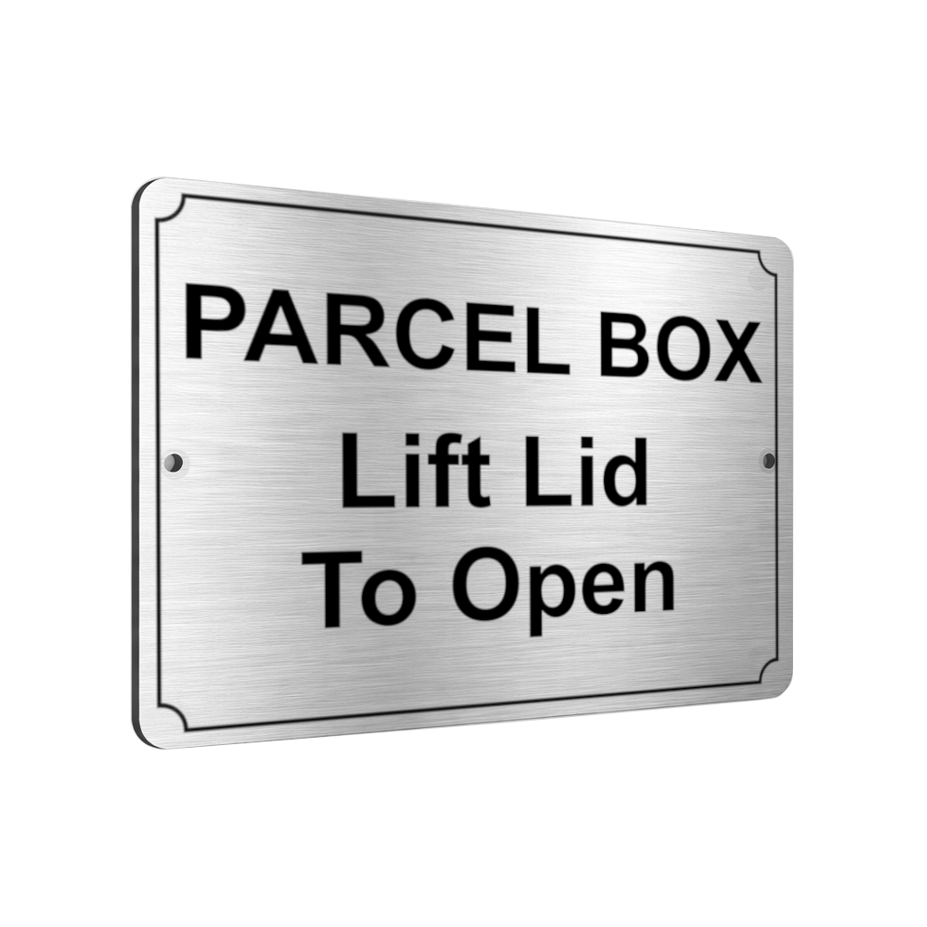 B118 PARCEL BOX Lift Lid To Open Metal Aluminium Plaque Sign Letters House