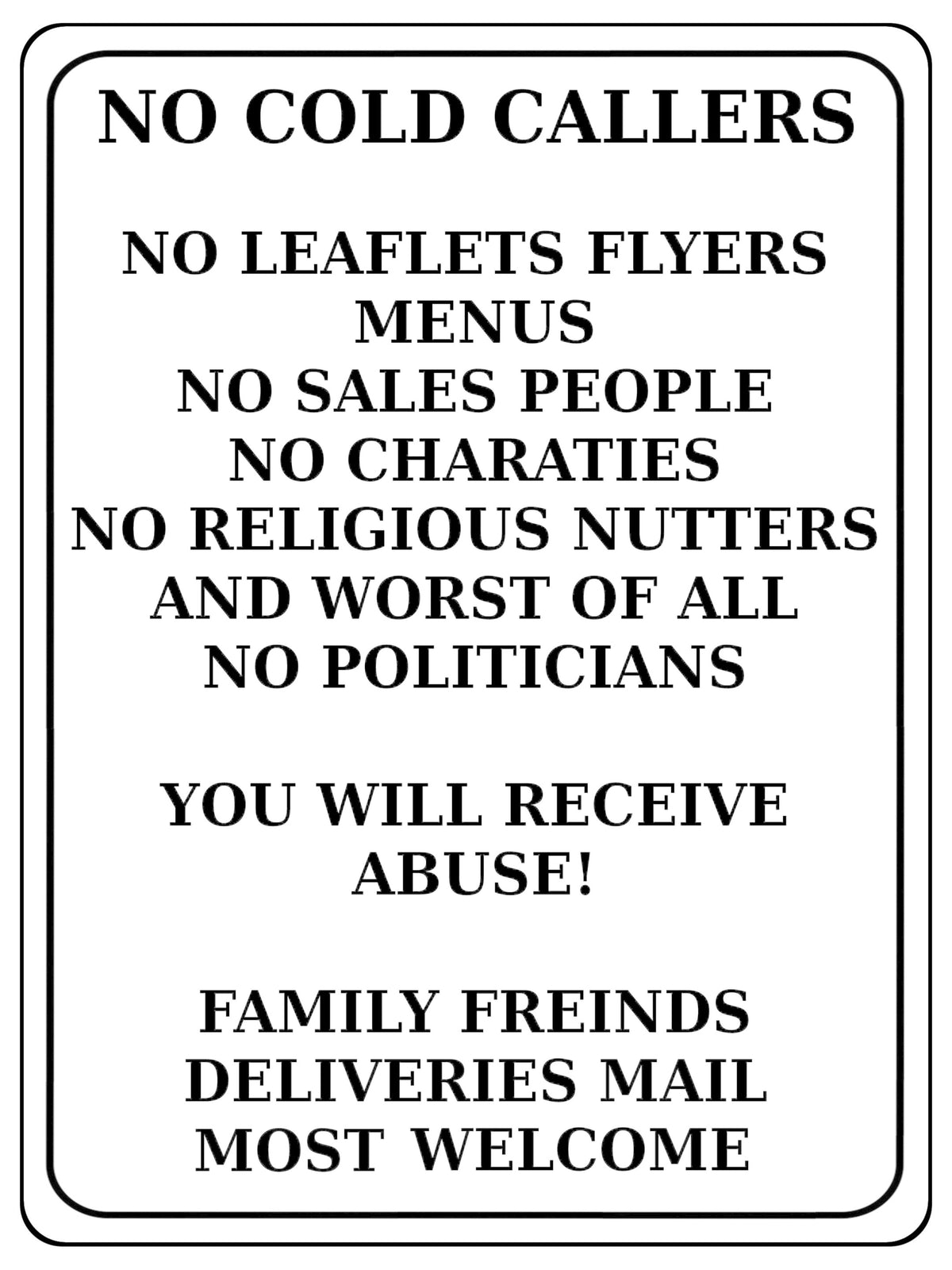 2182 No Cold Callers Sales People Flyers Menus Metal Aluminium Plaque Sign