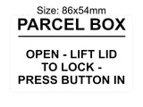 P171 PARCEL BOX Open Lift Lid To Lock Press Button In Plastic PVC Plaque Sign Card