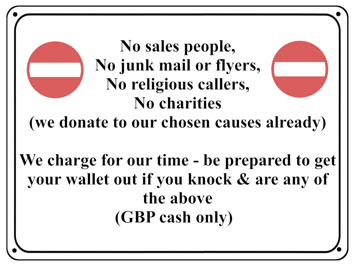 UV113 No Sales People NO JUNK MAIL Funny Metal Aluminium Plaque Sign A4 Size