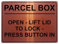 2242 PARCEL BOX Open Lift Lid To Lock Press Button In Metal Aluminium Plaque Sign