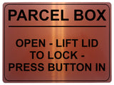 2242 PARCEL BOX Open Lift Lid To Lock Press Button In Metal Aluminium Plaque Sign