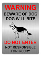 A5.27 WARNING BEWARE OF DOG WILL BITE DO NOT ENTER Metal Aluminium Plaque Sign
