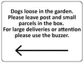 S064 Dogs loose in garden. Deliveries use buzzer Door Gate Sticker Vinyl