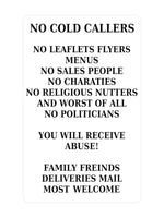 P153 No Cold Callers Sales People Flyers Menus Plastic PVC Plaque Sign Card