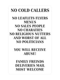 P153 No Cold Callers Sales People Flyers Menus Plastic PVC Plaque Sign Card