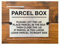 M081 PARCEL BOX Too Large Leave Parcel to Right Metal Aluminium Acrylic Plaque Sign