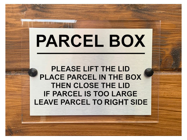 M081 PARCEL BOX Too Large Leave Parcel to Right Metal Aluminium Acrylic Plaque Sign
