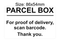 P165 PARCEL BOX For proof of delivery, scan barcode Plastic PVC Plaque Sign Card