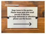 M036 Dogs loose in garden. Deliveries Door Modern Acrylic Aluminium Sign Plaque