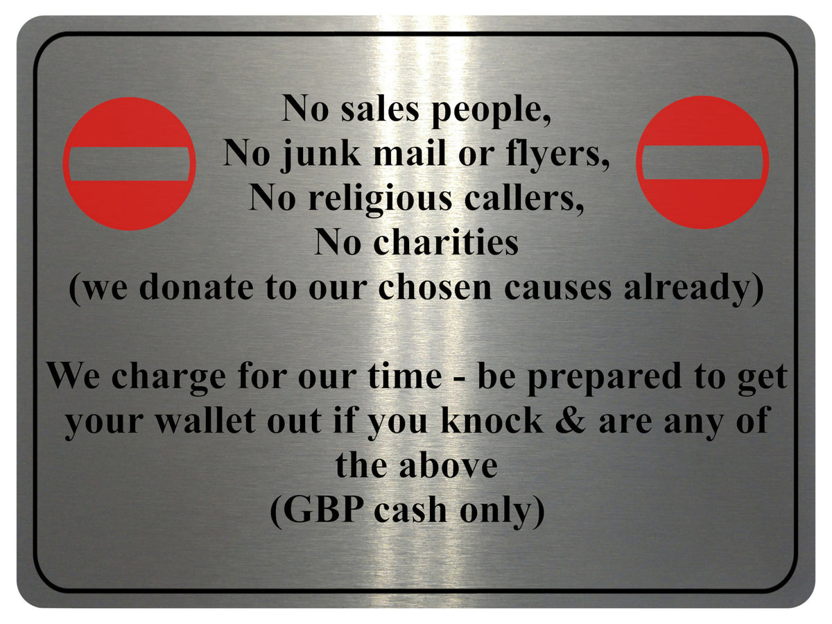 UV113 No Sales People NO JUNK MAIL Funny Metal Aluminium Plaque Sign A4 Size