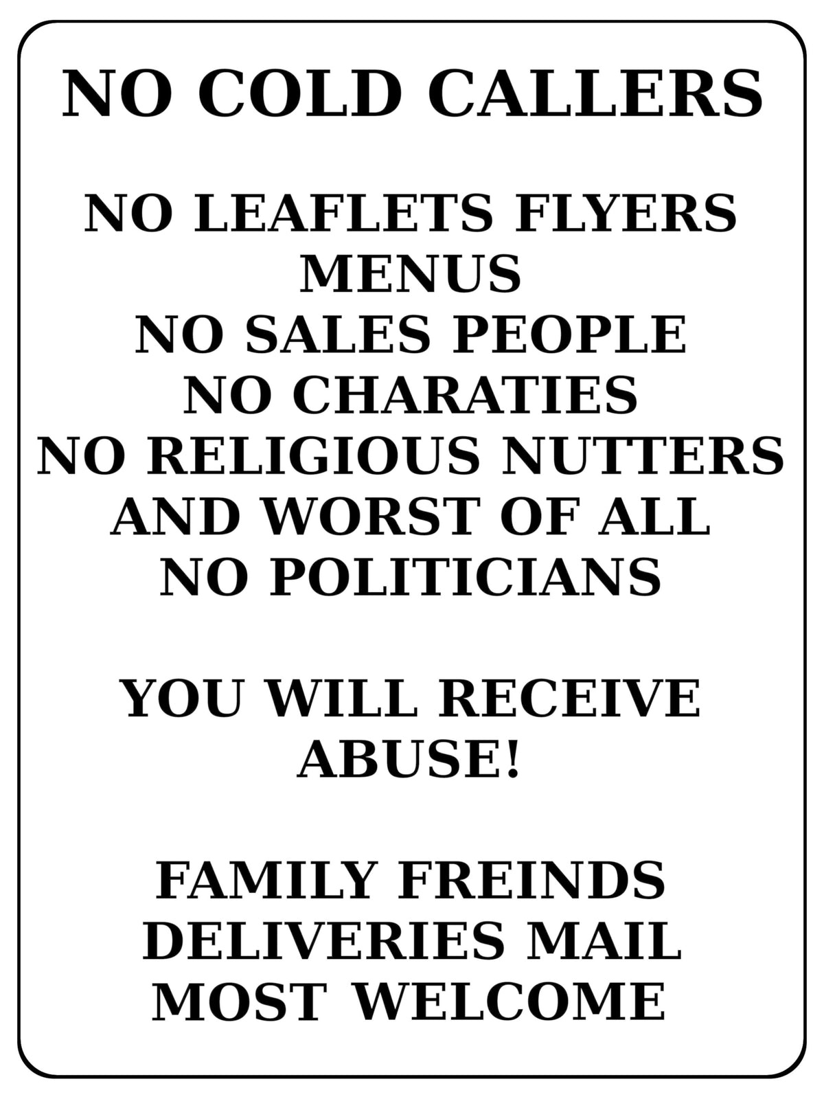 2181 No Cold Callers Sales People Flyers Menus Metal Aluminium Plaque Sign
