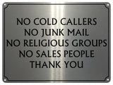 UV111 NO COLD CALLERS NO JUNK MAIL Metal Aluminium Plaque Sign Door A4 Size