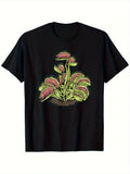 1PC Men's & Women's Botanical Carnivorous Plant Print T-Shirt - Soft Breathable Cool-Dry  Tee Suitable for Botany Fans, Casual Outdoor Wear, Ideal Gift for Plant Lovers - Unisex Round Neck Short Sleeve Shirt