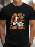 1PC Men'S Graphic Tee - Black Basset Hound Dog Lover Shirt Featuring a Coffee Cup - Life Is More Enjoyable with Coffee And Dogs - Soft Casual Tee for Pet Lovers And Coffee Fans - Washable Clothing, Fun Design, Comfortable Fit