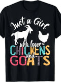 1PC Cute Just A Who Loves Chickens & Goats Farmer T-Shirt - Retro Farm Animal Graphic Tee, Unisex for men & women, Casual & farmer suit Outfits, Machine Washable Round Neck Short-Sleeve Top