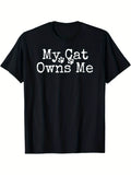 1PC Funny "My for cat Owns Me" Paw Print T-Shirt for Men | Casual Tee, Black with White Graphic, All-Season Comfort, Machine Washable - Perfect Gift for Cat Lovers, Birders and Dads, Humorous Apparel, Playful Design