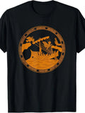 1PC Mens Vintage-Inspired Odysseus & Sirens Greek Mythology Graphic Tee - Short Sleeve, Crew Neck, Machine Washable - Elegant Black with Intricate Mythological Design