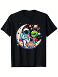 1PC Funny Astronaut and Alien Pizza Party T-Shirt - Unisex Cotton Outdoor Tee, Black with Vibrant Space Design, S-XXXL, Perfect for Casual Wear, Hiking, and Everyday Fun