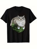 1PC A Cat Print T-Shirt Featuring a Cat Lounging on a Watermelon, Perfect for Those Who Love Cats And Summer Vibes. It'S The Ideal Holiday Gift, Suitable for Sports, Travel, And Casual Everyday Wear - with a Regular Fit And R