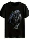 1PC Dynamic Black Panther Graphic Tee Fierce Leaping Panther Design with Intense Expression on Solid Black Background Bold Crew Neck Style for Animal Lovers Stand Out with This Aggressive Panther Print Only One Piece of Cloth