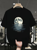 1PC Men'S Casual T-Shirt, Featuring a Peaceful Moon And Design - Soft Fabric, Round Neck, Short Sleeves, Suitable Summer Wear, Loose Fit, Casual Summer Top