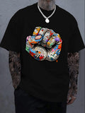 1PC, Casual Black T-shirt, Printed with a Graffiti Fist Pattern, Perfect for Casual Attire, Featuring a Stylish Round-neck Design and Vibrant Urban Art Style