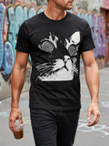 1PC Men'S Black Graphic T-Shirt with Hypnotic for cat Face Design | Short Sleeve, Round Neck, Lightweight and Breathable, Unique Spiral Pattern Eyes, Ideal for Casual Outings and Everyday Wear | Stylish and Comfortable Tee fo