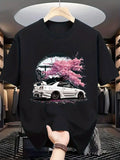 1PC Men'S Japanese JDM Car & Cherry Blossom Graphic T-Shirt Loose Fit Casual Round Neck Short Sleeve Tee with Drift Car & Sakura Night Scene Design Machine Washable All-Season Shirt for Automotive & Anime Fans Ideal Gift for