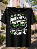 1PC Funny Pub Night T-Shirt - "Hello Darkness My Old Friend Drink with You Again" Beer Mug & Clover, Loose Fit Round Neck Casual Shirt Suitable for Parties, Pubs, Irish-Themed Gifts